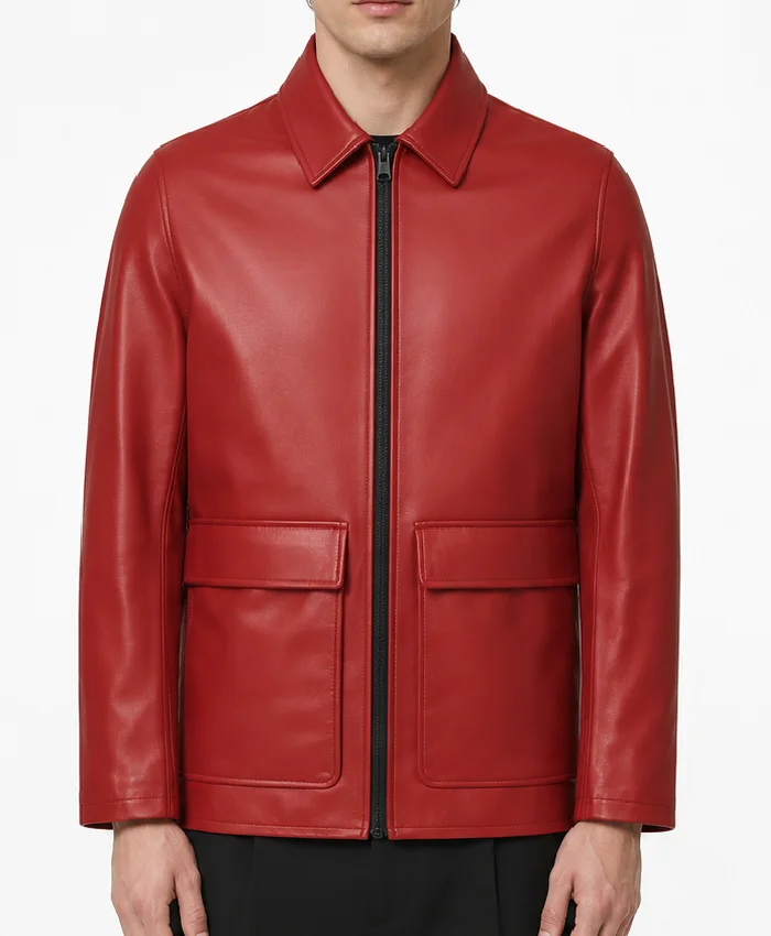 Flap Pockets Red Leather Jacket For Mens