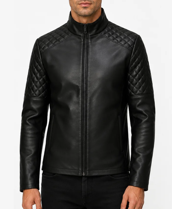 Mens Quilted Black Biker Leather Jacket