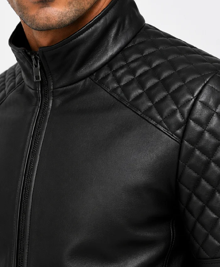 Quilted Black Biker Leather Jacket For Men