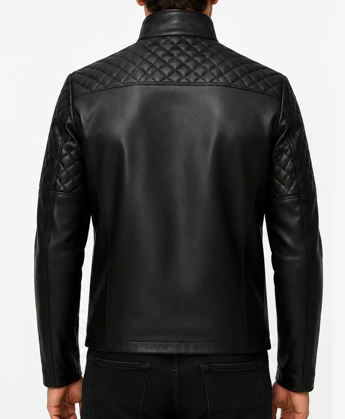 Quilted Black Biker Leather Jacket For Mens