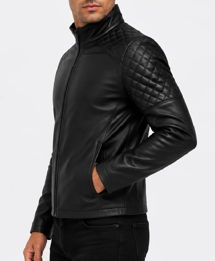 Quilted Black Biker Leather Jacket MEns
