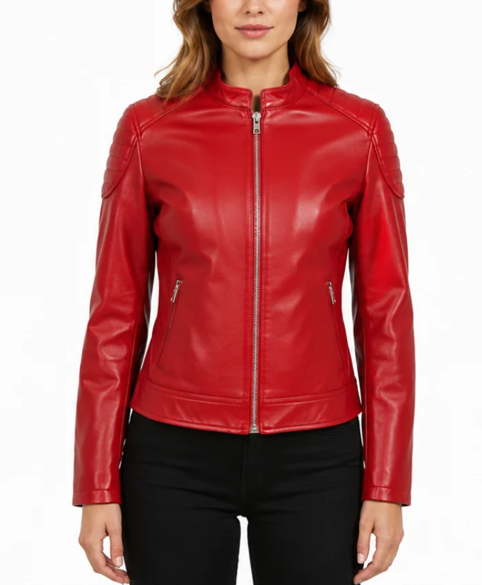 Slim Fit Red Biker Jacket For Womens