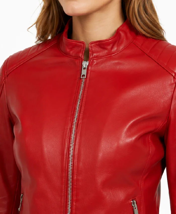 Slim Fit Red Biker Jacket Women