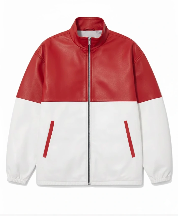 Red and White Two Tone Cafe Racer Bomber Leather Jacket