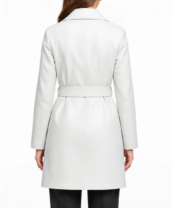 White Belted Leather Coat For Women