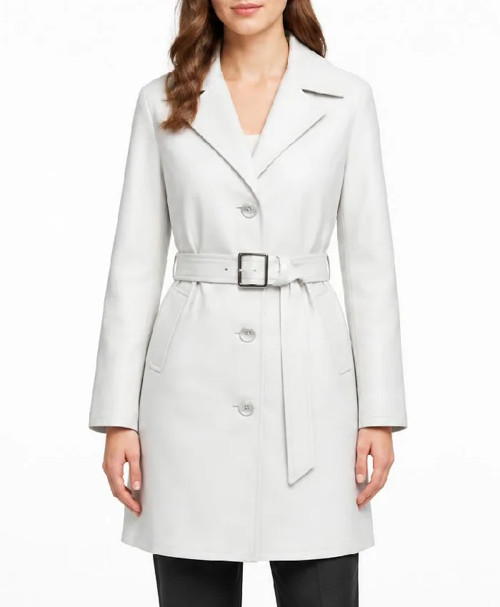 White Belted Leather Coat For Womens