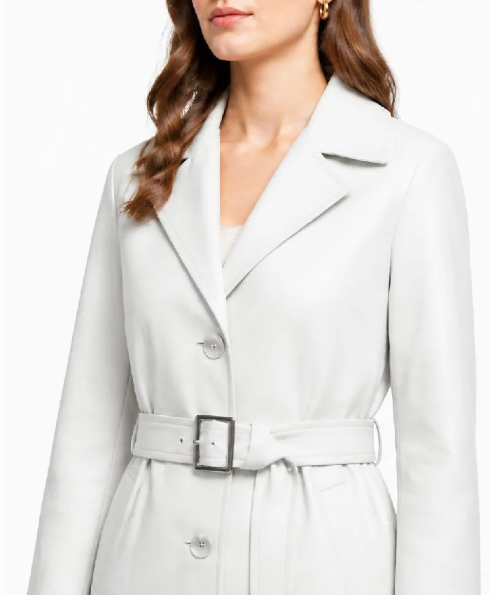 White Belted Leather Coat Womens