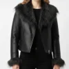 Women's Black Leather Jacket with Wide Fur Collar