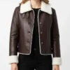 Dark Brown Shearling Leather Jacket With Collar Strapes For Women's