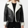 Shearling Fur Black Leather Jacket For Women