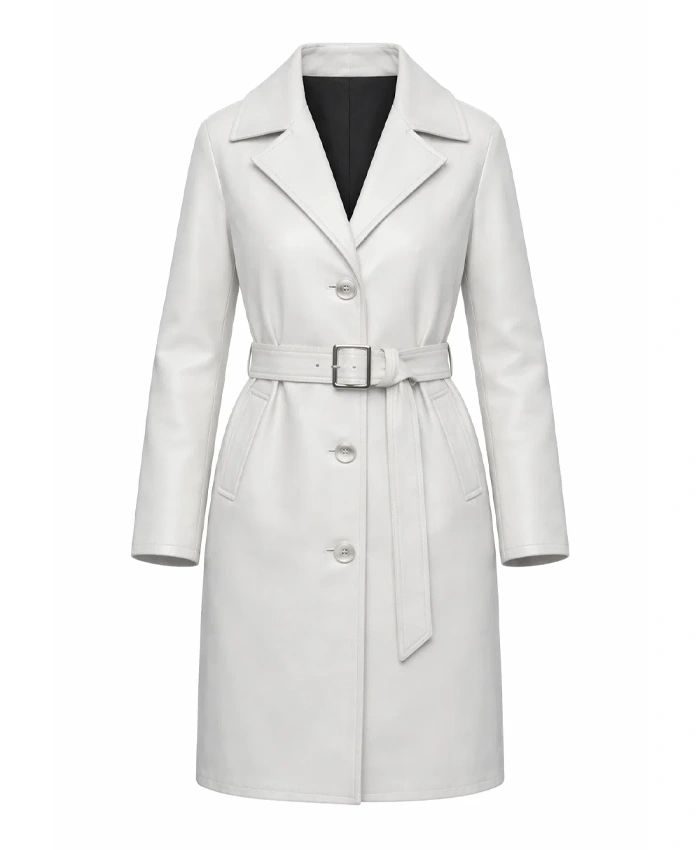 Women's White Button and Belted Leather Coat For Sale