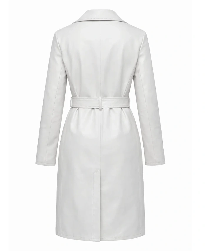 Womens White Belted Leather Coat