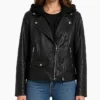 Billie Black Leather Biker Jacket with Hood For Women