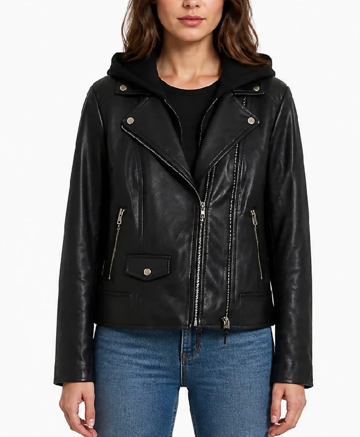 Billie Black Leather Biker Jacket with Hood For Women