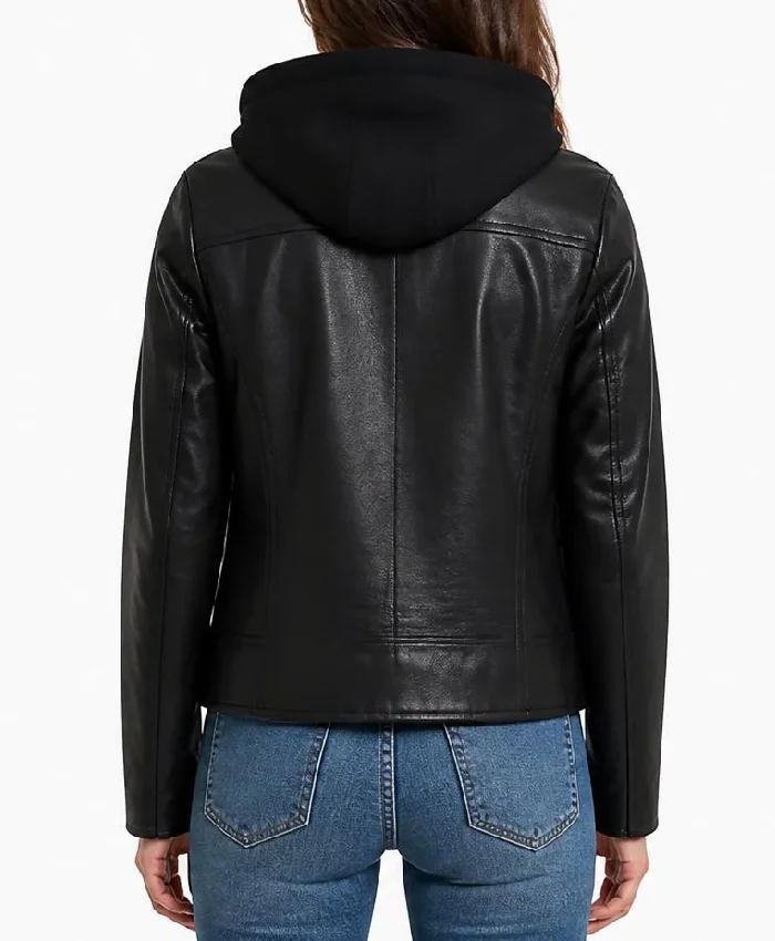 Billie Black Leather Biker Jacket with Hood For Womens
