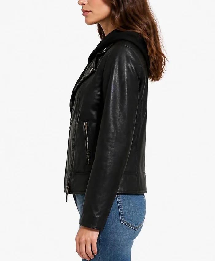 Billie Black Leather Biker Jacket with Hood Women