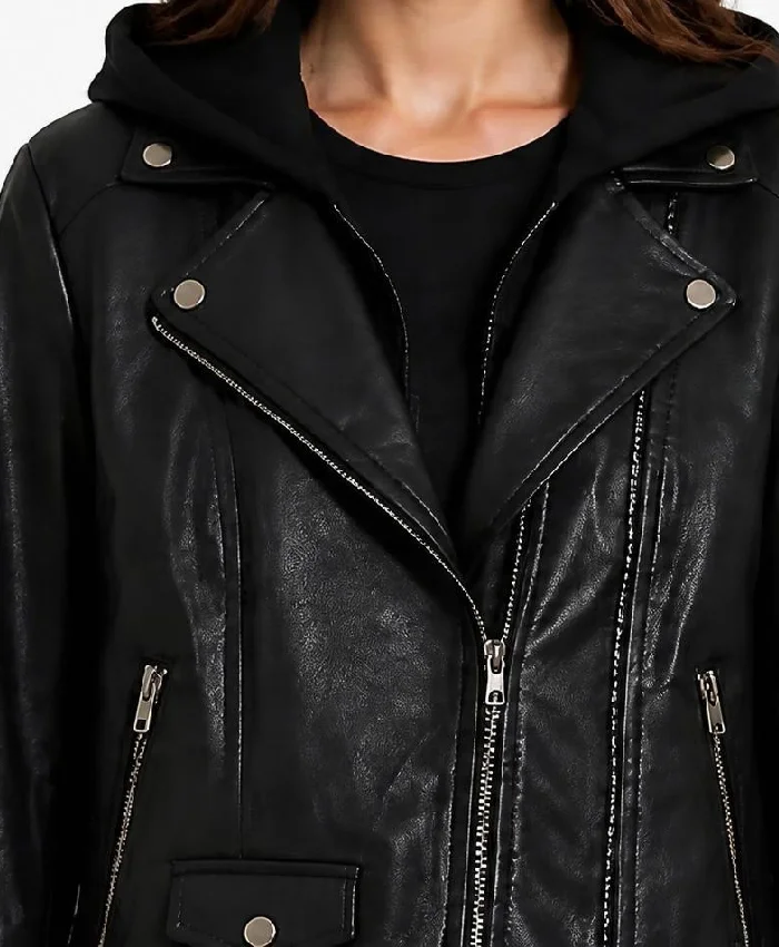 Billie Black Leather Biker Jacket with Hood Womens