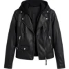 Womens Billie Black Leather Biker Jacket with Hood