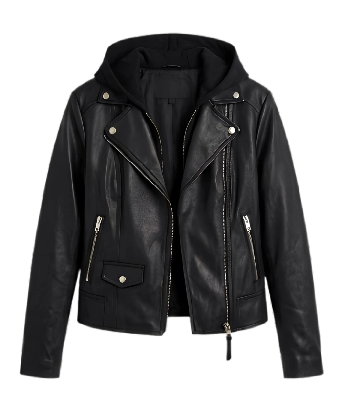 Womens Billie Black Leather Biker Jacket with Hood