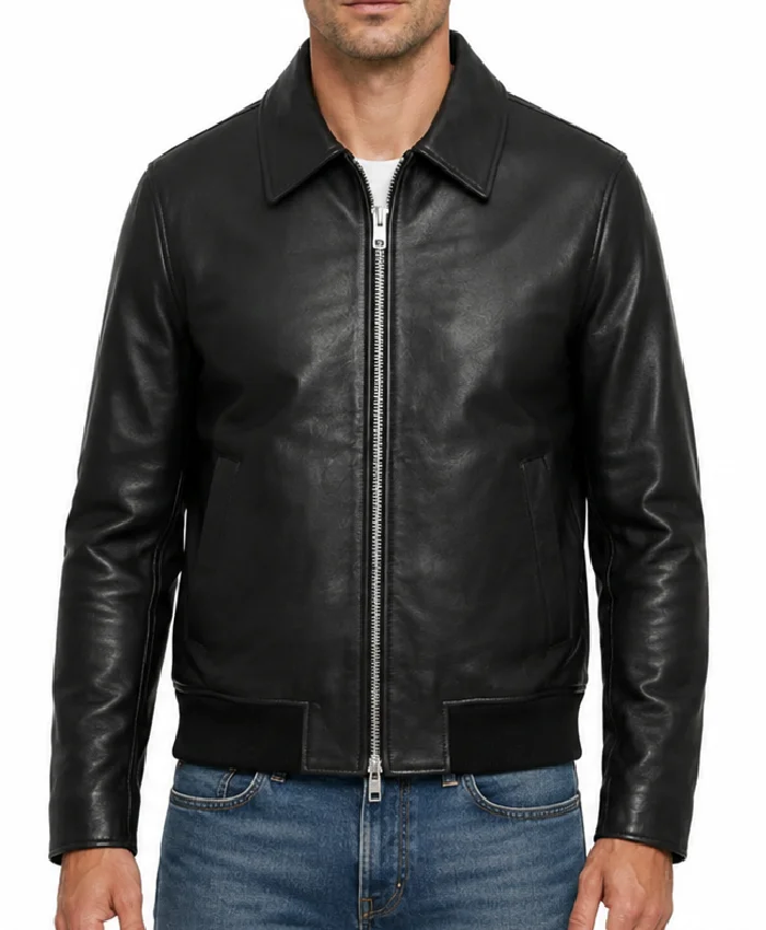 Classic Collar Black Leather Jacket For Men