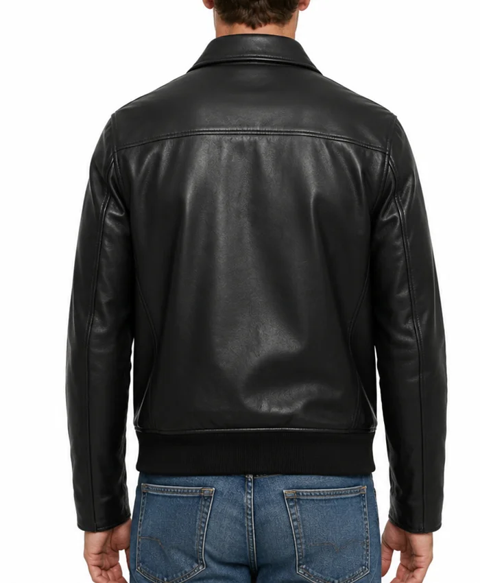 Classic Collar Black Leather Jacket For Mens