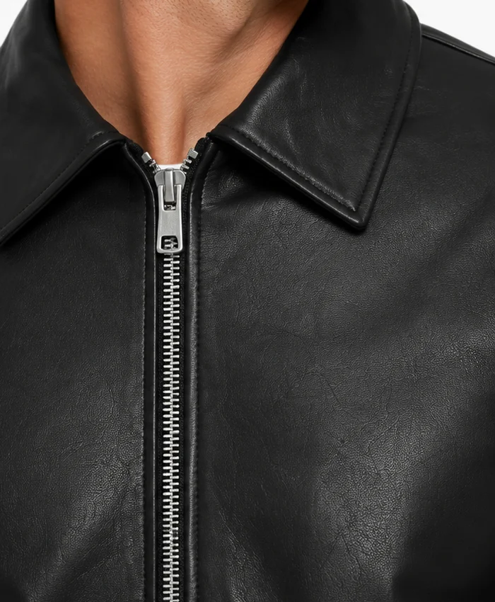 Men Classic Collar Black Leather Jacket