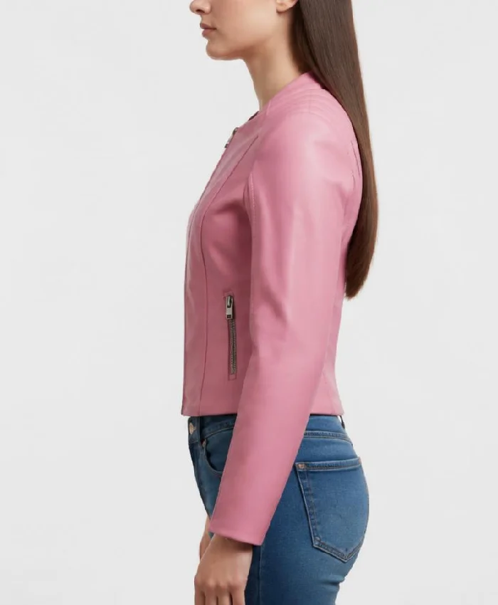 Pink Leather Biker Jacket For Women