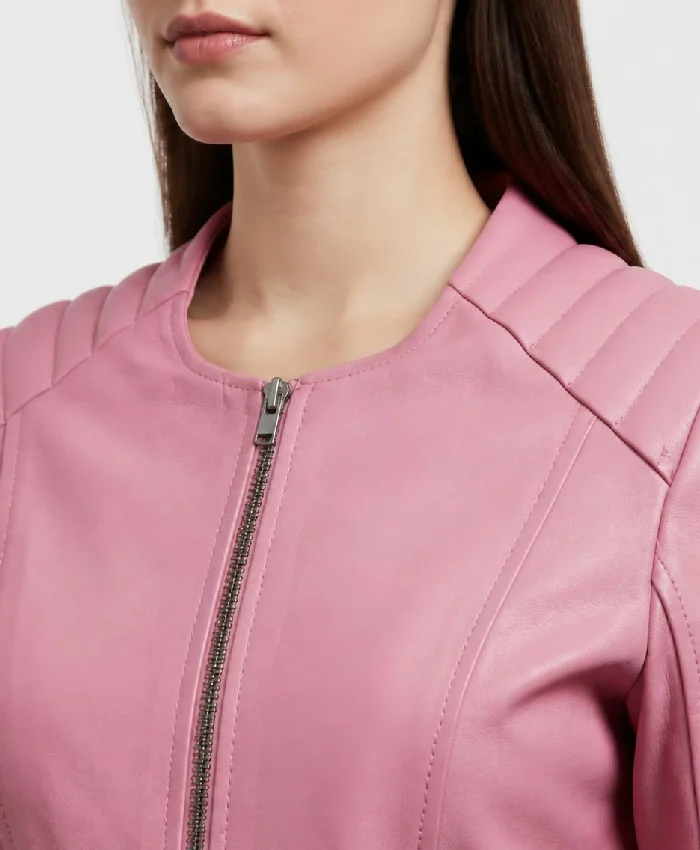Pink Leather Biker Jacket For Womens