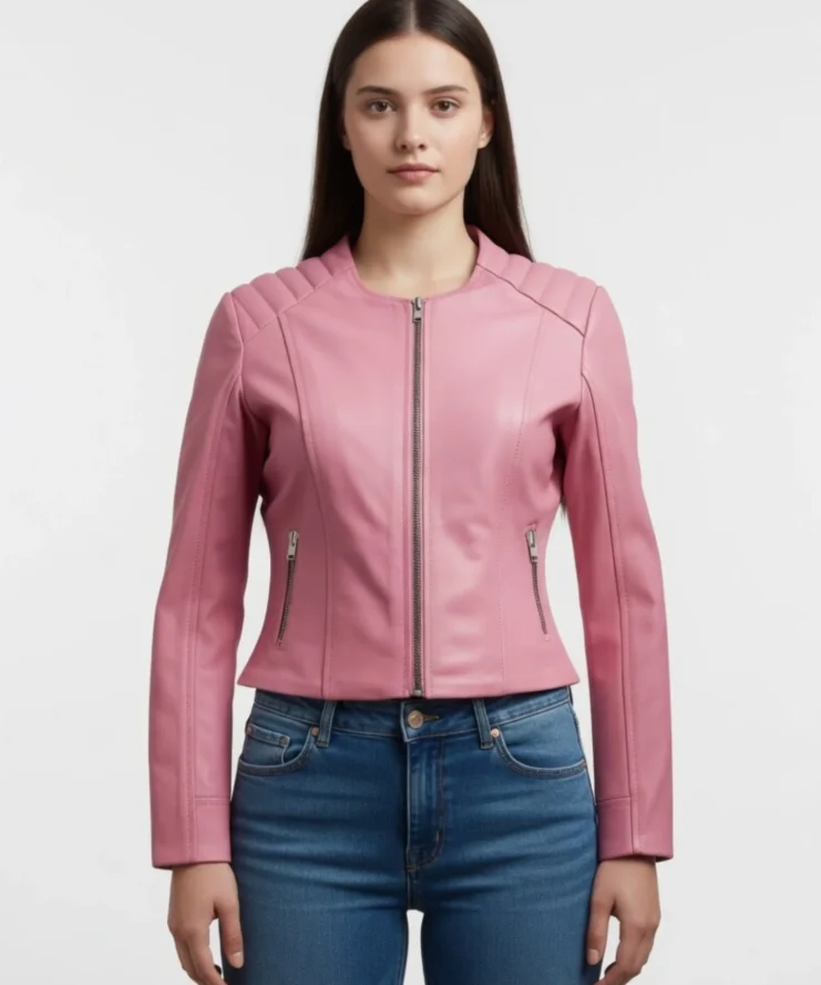 Buy Pink Vegan Cropped Leather Biker Jacket for Women