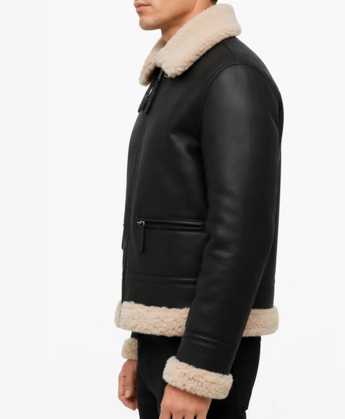 Arctic Chic Leather Flight Black Leather Jacket with Shearling Trim For Mens