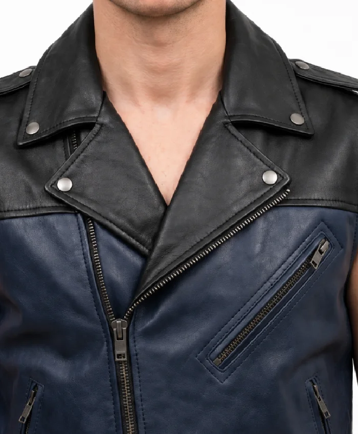 Asymmetric Zipper Two Tone Leather Vest For Men