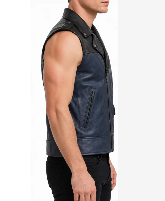 Men's Asymmetric Zipper Two Tone Leather Vest - Image 2