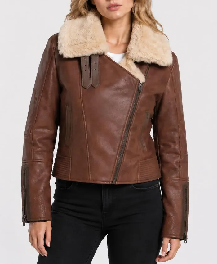 Aviator Dark Brown Leather Jacket For Womens
