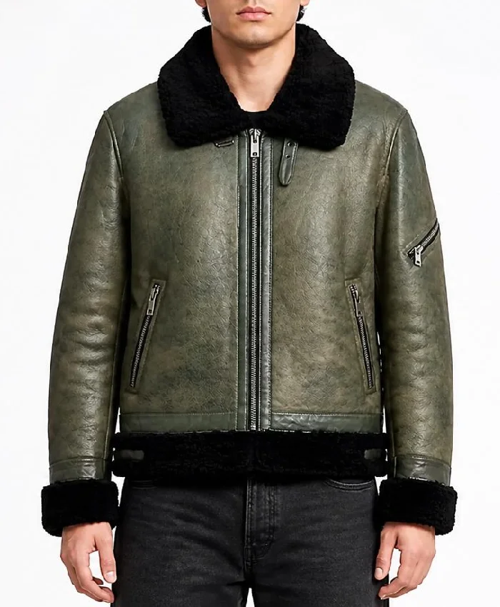 Aviator Style Olive Green Leather Jacket For Men