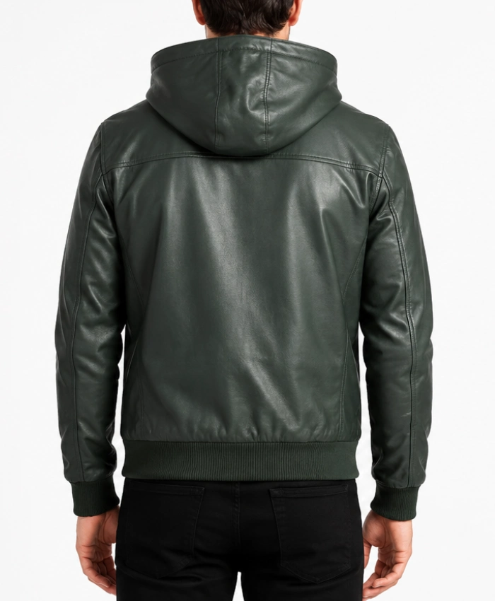 Baston Green Hooded Leather Bomber Jacket