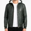 Baston Green Hooded Bomber Leather Jacket