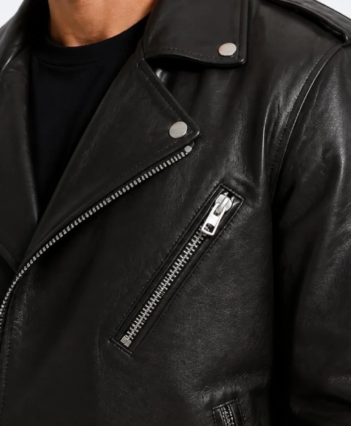 Black Asymmetrical Biker Style Leather Jacket For Men
