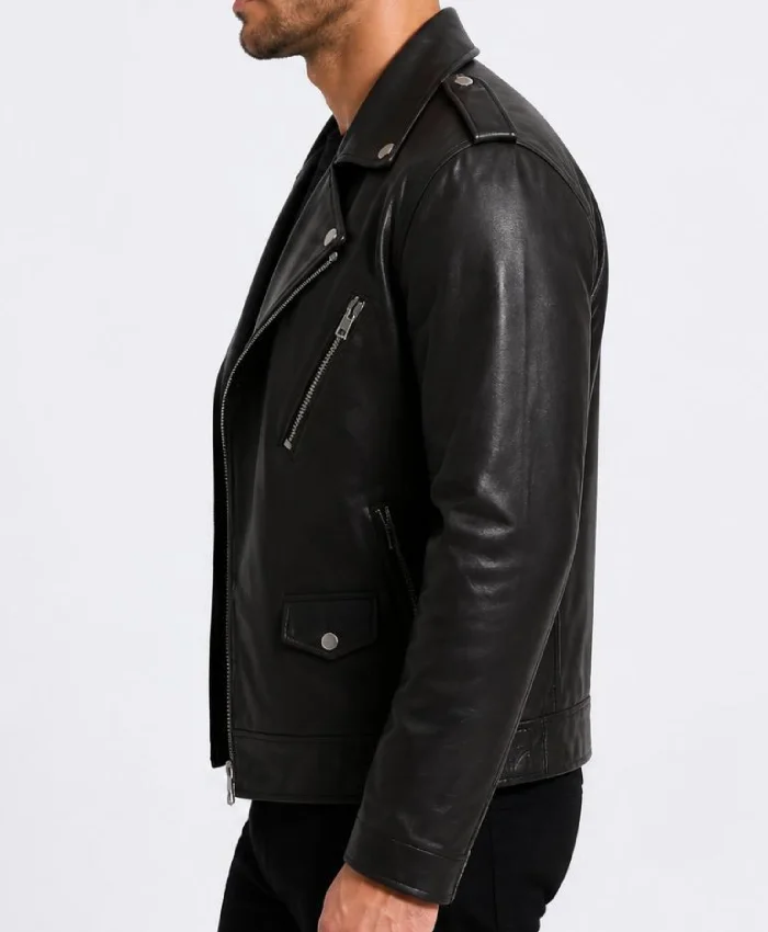 Black Asymmetrical Biker Style Leather Jacket For Mens