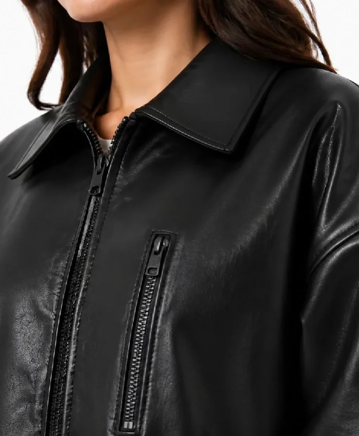 Black Bomber Drop Shoulder Leather Women
