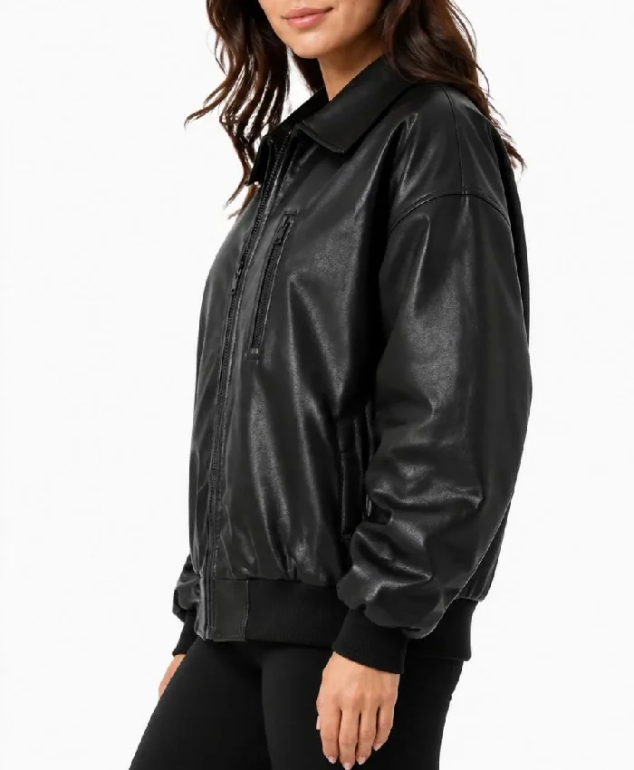 Black Bomber Drop Shoulder Leather Womens