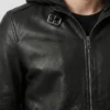 Black Bomber Leather Jacket with Hood