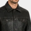 Black Distressed Real Leather Trucker Jacket Men