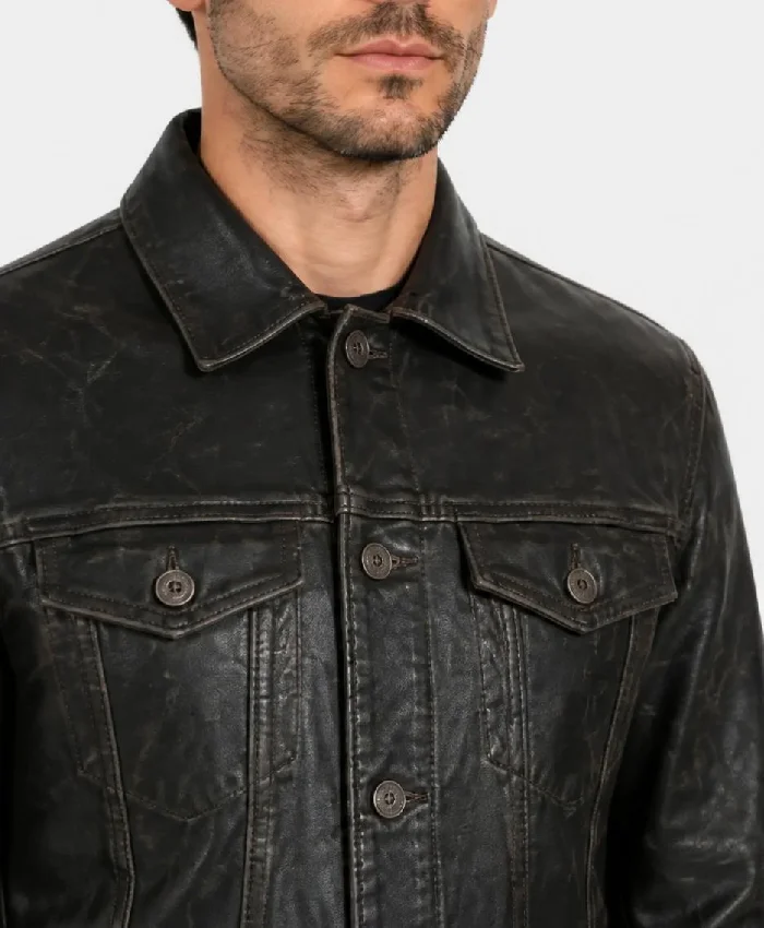 Black Distressed Real Leather Trucker Jacket Men