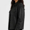 Black Leather Drop Shoulder Trucker Jacket For Women