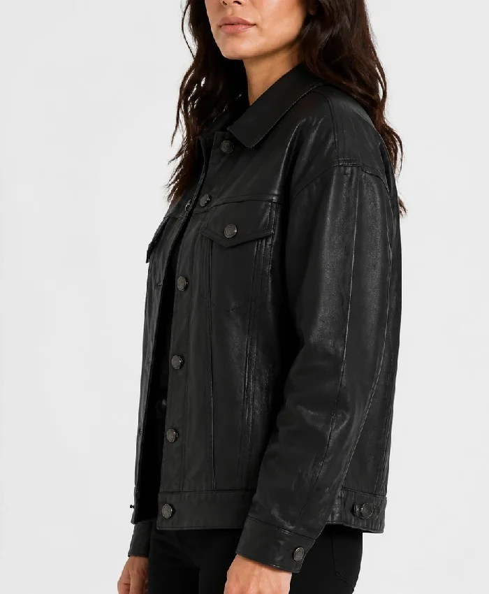 Black Leather Drop Shoulder Trucker Jacket For Women