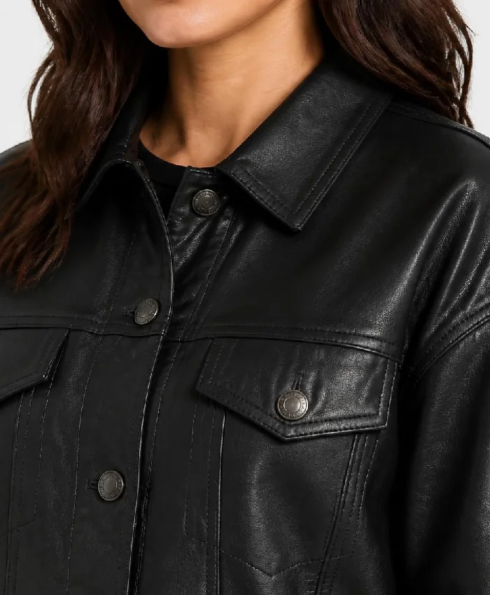 Black Leather Drop Shoulder Trucker Jacket For Womens