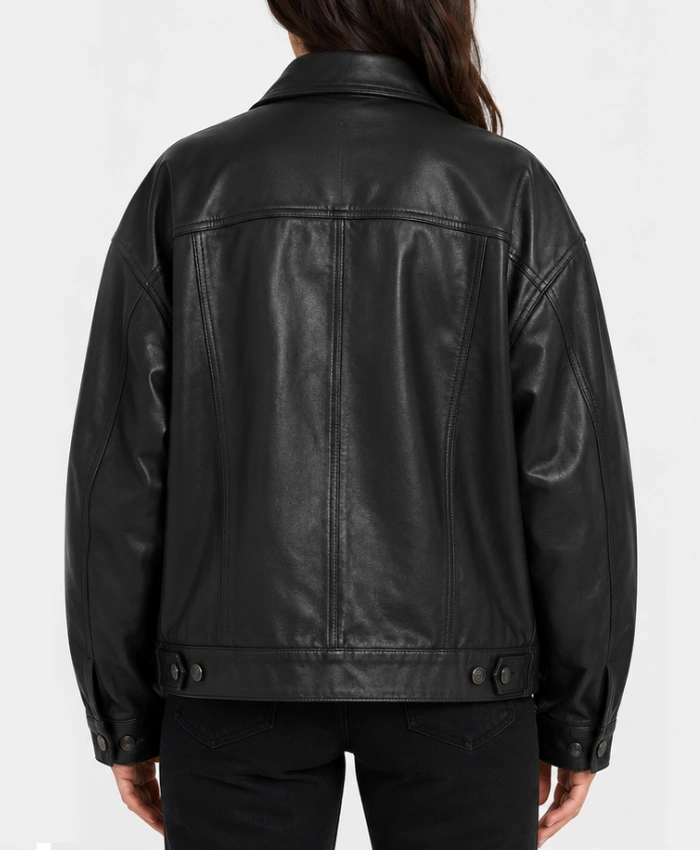 Womens Black Leather Drop Shoulder Trucker Jacket