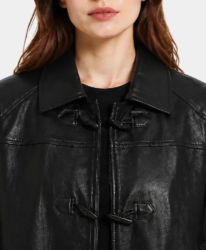 Black Leather Oversized Jacket For Womens