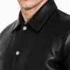 Black Leather Shirt Collar Varsity Jacket Mens