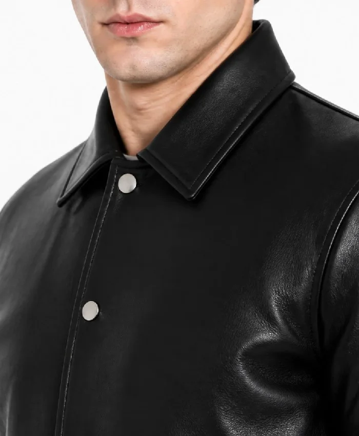 Black Leather Shirt Collar Varsity Jacket Mens